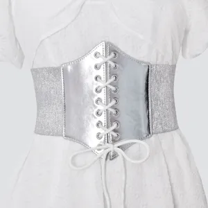 Ancho cinturón de corsé elástico para mujer, fajín plateado brillante con diseño de cordones.