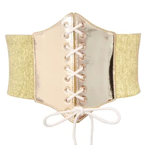 Cinturón de corsé elástico ancho para mujer en oro con cordones elegante para vestido.