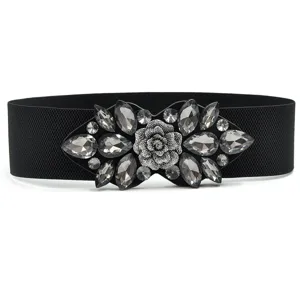 Elegant black elastic waist belt featuring stunning rhinestone flower buckle for coats.