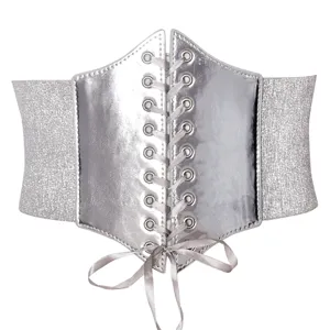 Cinturón corsé metálico plateado para mujer, faja elástica ancha con diseño de cordones al frente.