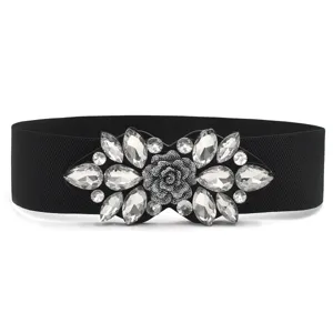 Black elastic wide belt featuring a stunning rhinestone crystal floral buckle, perfect for coats.