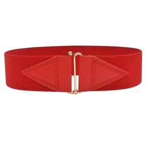 Rode elastische dames tailleceintuur brede stretch riek met metalen haakgesp kleding