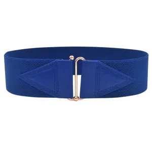 Gedetailleerd overzicht van de koningsblauwe elastische damestailleband met gouden metalen gesp.