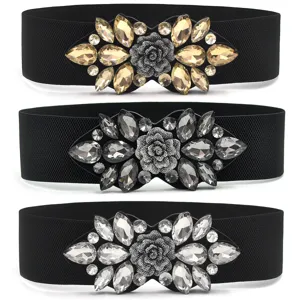Black elastic wide waist belt featuring stunning rhinestone flower crystal buckles for women.