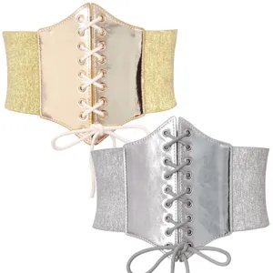 Cinturón Elástico Ancho para Mujer Cinturón de Corsé de Moda Vintage Vestido Decorativo Cinturilla de Cuero Sintético con Cordones
