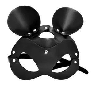 Máscara de disfraz de juego de rol de cuero negro con orejas redondas para adultos.