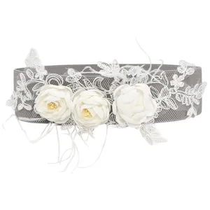 Grey elastic waist belt featuring white floral lace and delicate feather decorative details.