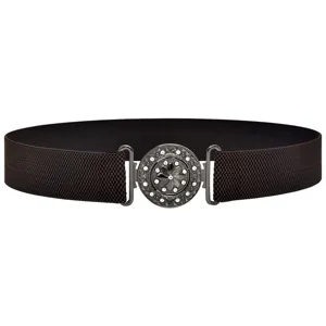 Detailed view of the dark brown elastic waist belt featuring a sparkling rhinestone round buckle.