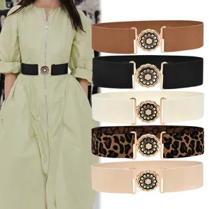 Women Fashion Elastic Waist Belt Retro Metal Floral Buckle Stretch Cinch Belt Dress Coat Waistband Accessories