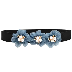 Dames elastische taille riem met blauwe stoffen bloemen parel en strass voor jurk