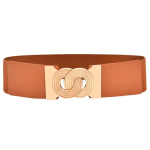 Brown elastic wide waist belt with gold interlocking circle buckle for women dresses.