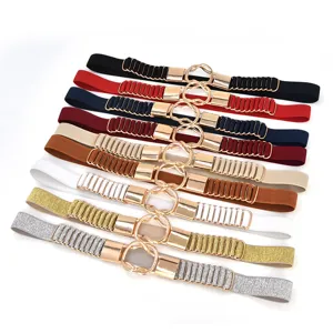 Women elastic waist belt with metal interlocking ring buckle, multi-color stretchy cinch.