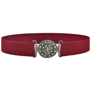 Close-up detail of women elastic waist belt featuring vintage rhinestone flower metal buckle.