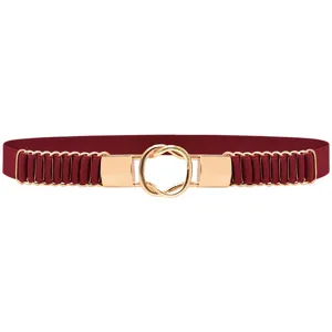 Women red elastic waist belt with gold interlocking circle buckle fashion dress accessory detail view