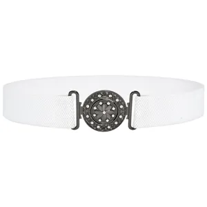 Detailed closeup of the decorative metal buckle and elastic strap of the chic white waist belt.