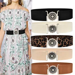 Women's elastic waist belt with vintage metal flower buckle, wide stretch cincher for dress coat.
