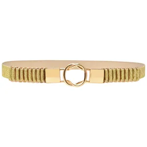 Gold elastic waist belt detail view, highlighting the metallic round ring buckle and elegant design.