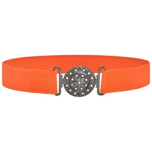 Orange elastic waist belt for women with rhinestone floral metal buckle fashion accessory.