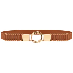 Brown women's elastic waist belt with gold interlocking ring buckle and pleated details.