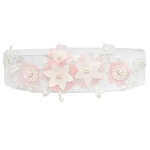 Women white elastic waist belt with pink lace flowers and pearl decoration for dress