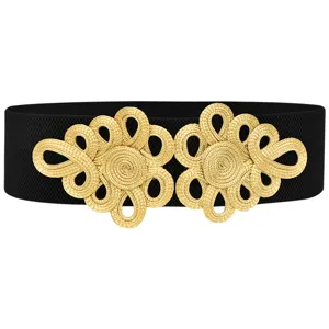 Black elastic waist belt with vintage gold woven Chinese knot buckle for dresses and pants.