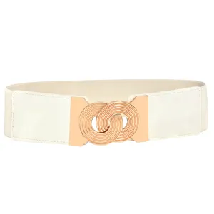 Close-up detail of the gold interlocking ring buckle and white elastic waist belt.