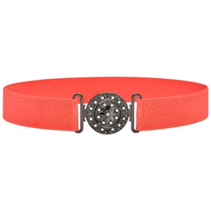 Red elastic waist belt with vintage black rhinestone floral buckle for women coat dress