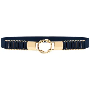 Women's elastic stretch waist belt featuring gold interlocking metal ring buckle decoration.