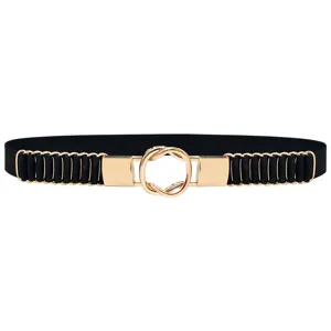 Elastic waist belt detail with gold round buckle and black stretch band accessory.