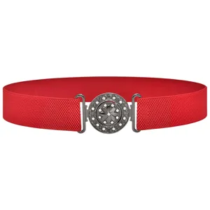 Red elastic waist belt detail featuring black rhinestone metal buckle for stylish outfits.