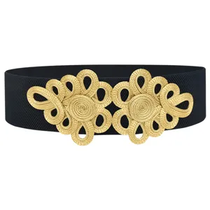 Retro women elastic waist belt with gold Chinese knot buckle for dresses and pants detail.