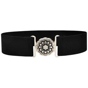 Detail shot of women's black elastic waist belt with elegant silver floral metal buckle.