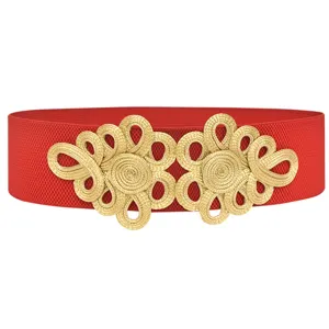 Red elastic waist belt for women with gold Chinese knot buckle, stylish retro dress cincher.