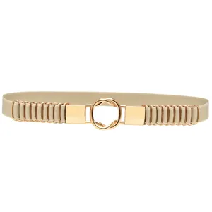 Chic women elastic waist belt with gold interlocking metal ring buckle, stylish beige waist cincher.