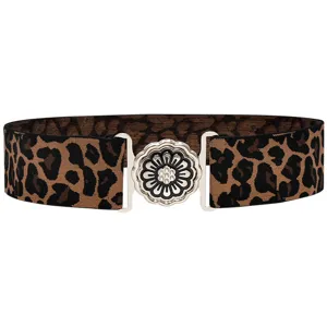 Leopard print elastic waist belt for women, featuring silver flower metal buckle detail.