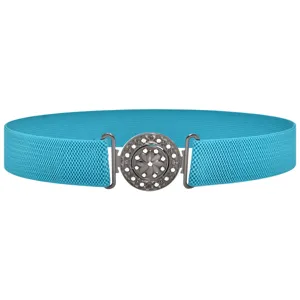 Turquoise elastic waist belt featuring a sparkling rhinestone round buckle for women detail.
