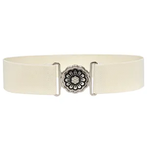 Detail shot of the metal flower buckle and elastic stretchy band for women belt styling.