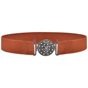 Elastic wide belt for women, rust brown stretch waistband with rhinestone metal round buckle.