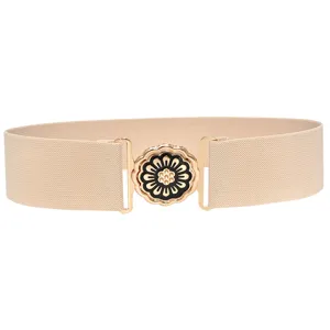Detail view of elastic waist belt with black gold flower metal buckle accessory.