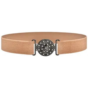 Detailed view of the elegant khaki elastic stretch waist belt with rhinestone buckle.