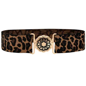 Women's leopard print elastic waist belt with vintage metal buckle, chic coat dress cinch.