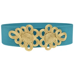 Elastic belt detail shot, gold Chinese knot buckle, vibrant blue stretch waist band feature.