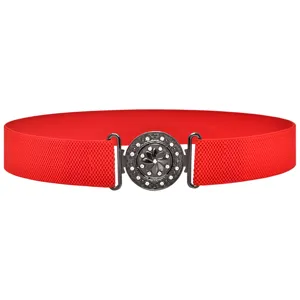 Women's red elastic stretch waist belt with rhinestone round buckle dress coat accessory