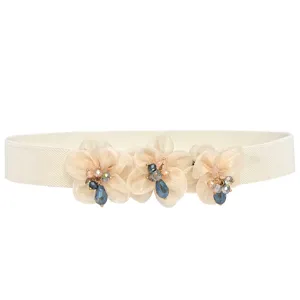 Elegant white elastic waist belt featuring sweet chiffon floral decor with sparkling crystal beads.