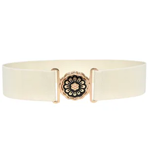 Detail shot of women's elastic waist belt with gold metal flower interlock buckle.