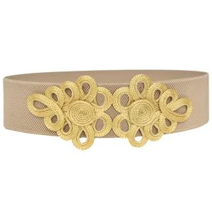 Women elastic stretch waist belt with gold Chinese knot decorative buckle for dress pants