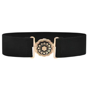 Detailed view of the black elastic waist belt featuring a chic gold floral interlocking buckle.
