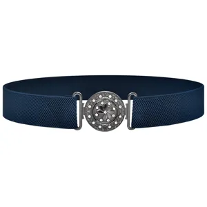Close-up detail of dark blue elastic waist belt featuring an ornate rhinestone metal buckle.