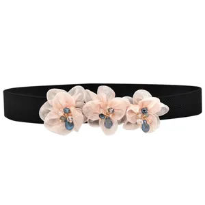 Women Elastic Waist Belt Rhinestone Flower Dress Stretch Cinch Belt Black Fashion