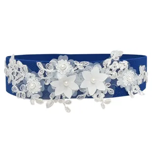 Women elegant blue elastic waist belt featuring white lace floral embroidery and faux pearls.